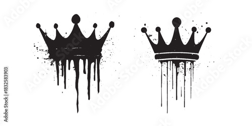 Graffiti style dripping black crown symbol with ink splatter vector illustration isolated on white background urban grunge royalty sign modern street art element punk decoration paint style