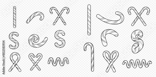 Hand-drawn black and white striped candy cane outlines in various shapes.