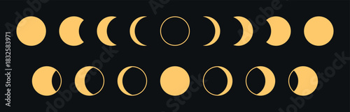 Minimal flat crescent moon phase cycle vector set isolated on dark background, abstract modern lunar evolution illustration collection, simple astronomy symbols for design, education, infographic
