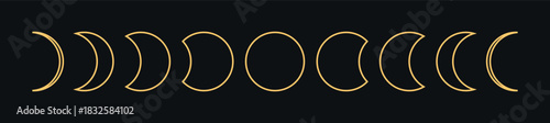 Elegant golden moon phases linear vector set on dark background, minimalist celestial lunar cycle concept, astronomy spirituality decorative graphic isolated design elements cosmic spiritual projects