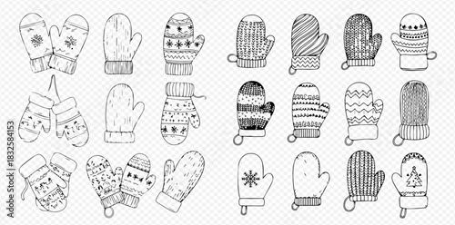Hand-drawn doodle collection of various winter mittens with different patterns and designs, perfect for cold weather and holiday themes.