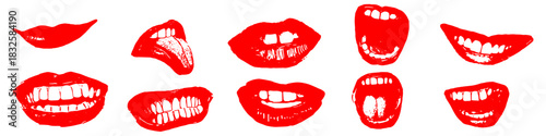Set Red and White Mouth Silhouette Vector Ideal for speech, communication, sound, and expressive graphics. Symbolizes talking, voice, expression, and simple anatomy.