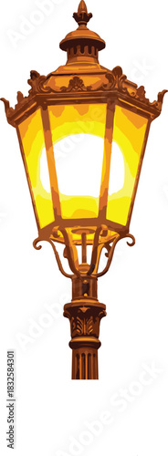 Elegant Victorian Style Street Lamp with Glowing Yellow Light Illustration