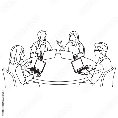 Monochromatic Line Art of Business Collaboration with Laptops and Round Table