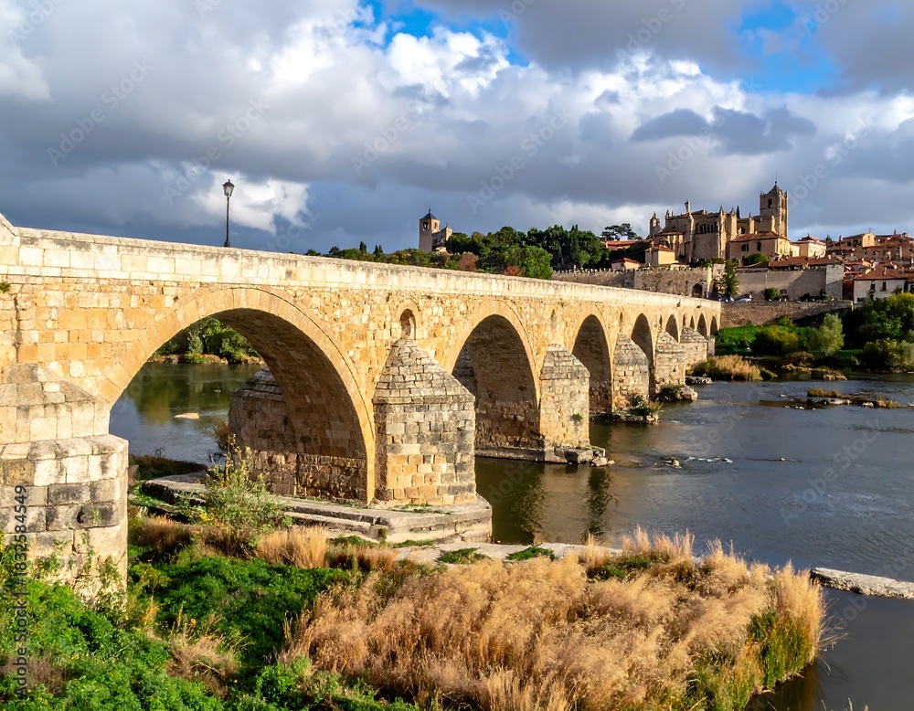 Fototapeta premium Stone arched bridge over a river, town on a hill