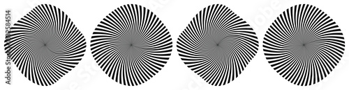 Set of four abstract black spiral illusions with wavy distortion effect centered on white background optical art hypnotic motion design ideal for retro concept patterns and visual distortion themes