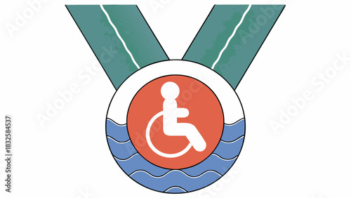 Illustration of a medal with a wheelchair symbol and blue waves on an orange and white circle design on transparent background silhouette