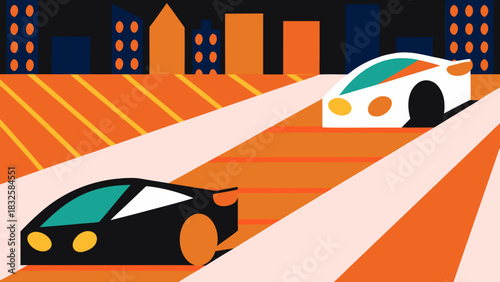 Illustration of two cars racing on a road with city buildings in the background at night time on transparent background silhouette