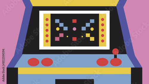 A colorful retro arcade game machine with joystick and buttons displaying a pixelated game screen on transparent background silhouette