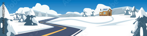 Horizontal or Landscape view of asphalt curved road. Road that passes through a snow covered path. Trees growing everywhere. House with a lone chimney on a hillside. Background of mountain and sky.
