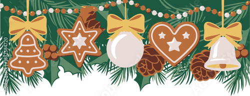 Christmas gingerbread cookies pine branches and ornaments border