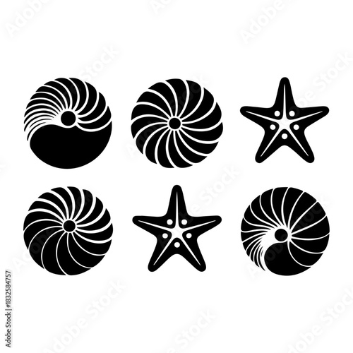 Sea Shell and Starfish Silhouette Vector Set – Coastal and Beach Theme Icons