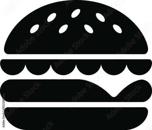 Minimalist black and white burger icon with sesame seed bun