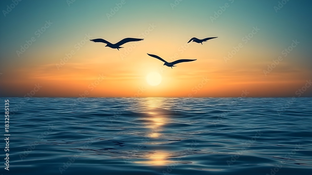 Fototapeta premium Sunset over ocean with seagulls flying coastal landscape tranquil environment