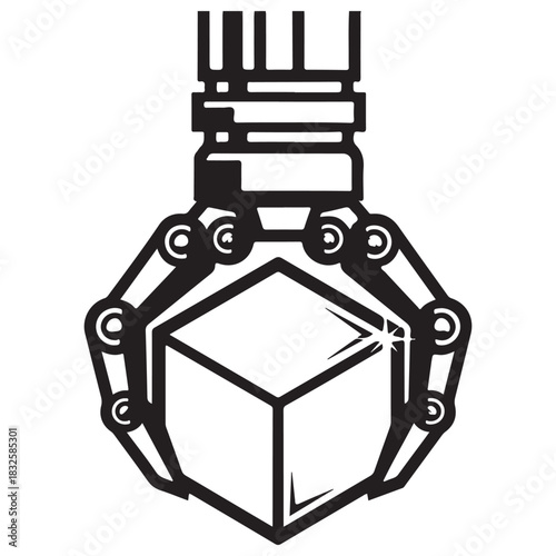 Monochrome Robotic Gripper Holding a Sparkling Geometric Cube Icon