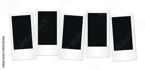 Collection of five black filled retro instant photo frames arranged in row on transparent background vintage layout mockup memory template for editable photo collage content nostalgic photography