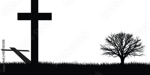 Black and white vector silhouette of a devout man kneeling in prayer before a large Christian cross, representing faith, worship, and spiritual devotion in religion.