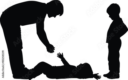 Black and white vector silhouette of a father kneeling to help his young child lying on the floor while an older sibling stands nearby, illustrating family care and support.