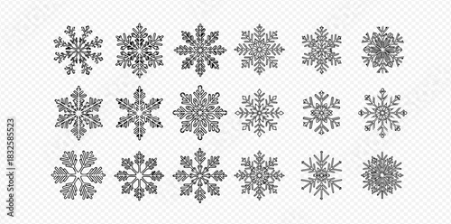 Collection of intricate black and white snowflake designs, featuring various detailed patterns for winter and holiday decorations.