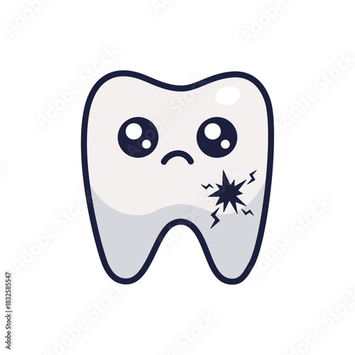Sad tooth character with a cavity. Kawaii Tooth Icon for Children Dental Clinic. Dental Hygiene Concept. Vector