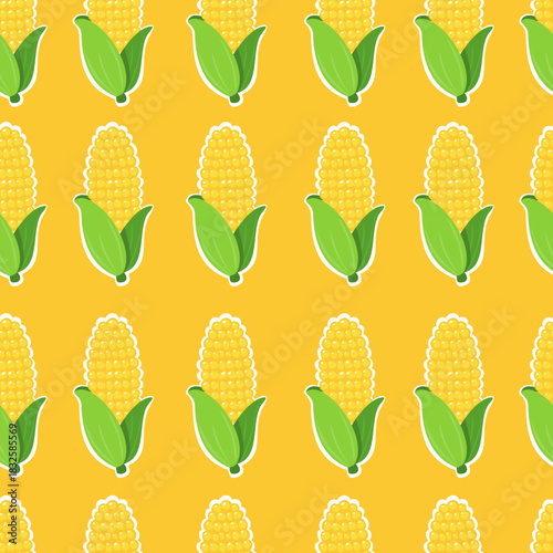 Corn seamless pattern with white outline and yellow background. Vegetable cartoon. Can be used for wallpaper, paper wrapping and fashion fabric