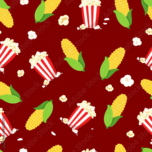 Popcorn and corn seamless pattern with red background. Can be used for wallpaper, paper wrapping and fashion fabric