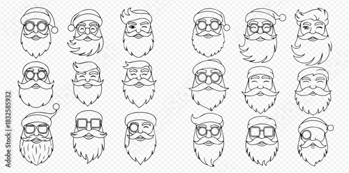 Collection of black and white line art illustrations featuring various Santa Claus faces with hats, glasses, mustaches, and beards, suitable for Christmas and holiday designs.