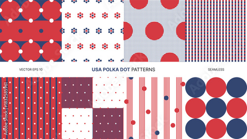 Seamless vector patterns with USA polka dots in red white blue patriotic color scheme festive abstract design for Independence Day backgrounds wrapping paper textiles celebration decoration