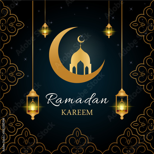 Ramadan Kareem greeting card with golden crescent moon, mosque silhouette and hanging lanterns