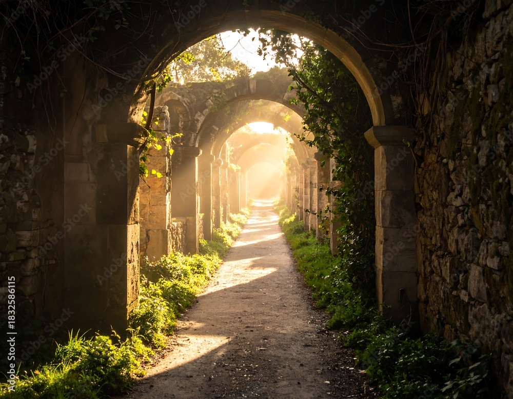 Obraz premium Stone arches of a pathway leading toward bright sunlight