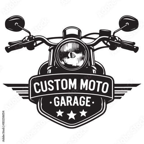 Black and White Classic Motorcycle Emblem Design with Badge and Wing Details