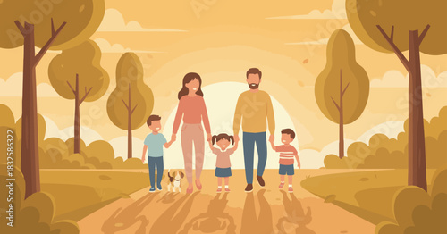 “Flat vector illustration of a family walking in a park holding hands, warm sunset colors, simple trees and nature elements, smooth curves, friendly modern style, no text.”