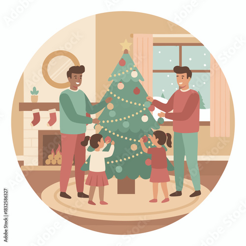 “Warm flat vector of a family decorating a holiday tree at home, pastel seasonal colors, simple geometric shapes, inclusive family scene, no branded items.”