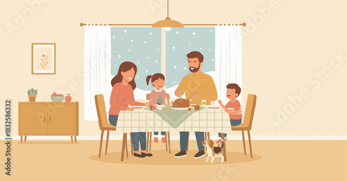 “Family celebrating a winter holiday dinner, warm tones, minimal table setting, soft flat shapes, clean modern vector style.”
