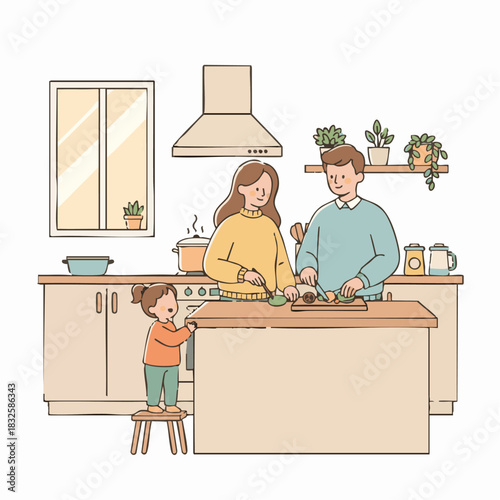 “Parents cooking together with a toddler watching, flat warm illustration style, simple shapes, minimal details, friendly mood.”