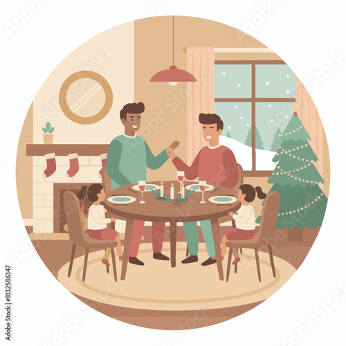 “Family celebrating a winter holiday dinner, warm tones, minimal table setting, soft flat shapes, clean modern vector style.”
