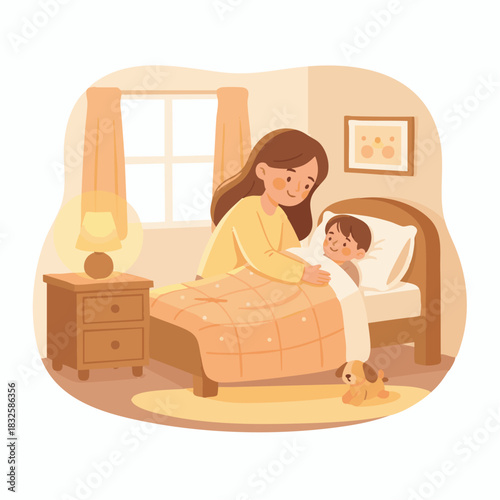 “Flat vector of a mother tucking her child into bed, small bedroom interior, warm yellow light, round shapes, cozy composition.”