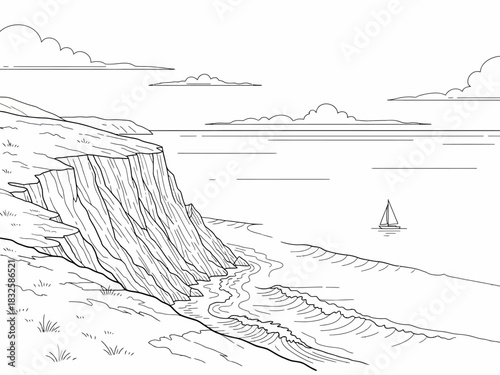 Coastal Cliff Line Art with Ocean Waves and Sailboat.