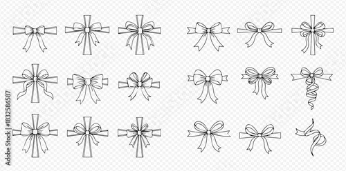 A collection of hand-drawn outline illustrations featuring various decorative bows and ribbons, perfect for gifts, holidays, and celebrations.