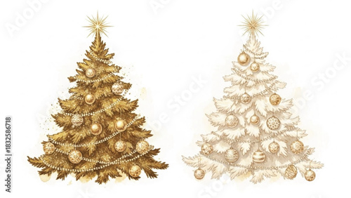 Watercolor Gold and Champagne Christmas Trees with Ornaments Festive Holiday Illustration