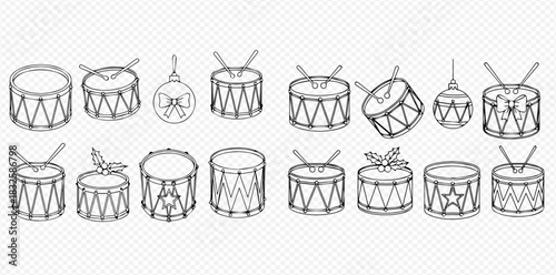 Hand-drawn line art illustrations of various drums and festive Christmas ornaments, perfect for holiday designs.