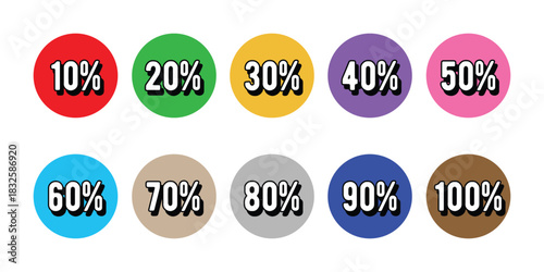 Colorful Percentage Labels Set. 10% to 100% Circle Icons. Percentage Badge Icons