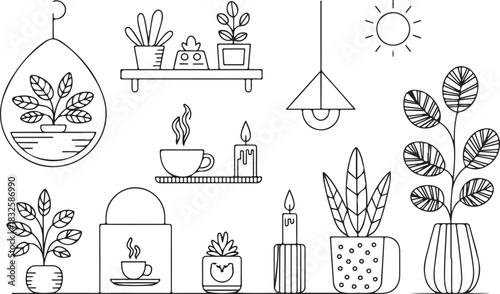 Indoor Plant Collection Vector, Home Decor Line Art Set, Minimal Botanical Illustration EPS, Editable Design Elements