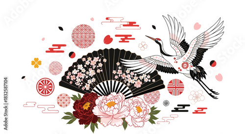 A beautiful composition of a Japanese red-crowned crane, a folding fan with sakura, and peony flowers for a modern oriental design.