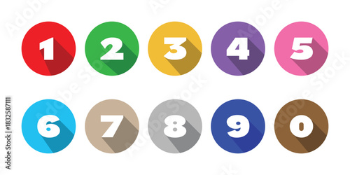 Colorful Number Icons Set. 0 to 9 Circle Labels. Flat Design Number Badges Color Circle Icons 0–9