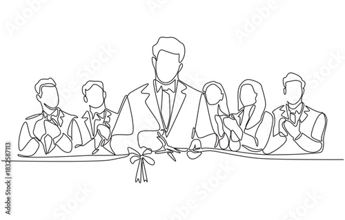 Continuous one line drawing depicting ribbon-cutting ceremony, symbolizing grand opening of business or launch of new venture, single line art.