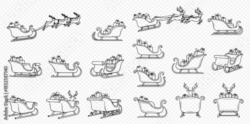 Set of various outline illustrations of Santa's sleighs, some with gifts and reindeer, on a transparent background.
