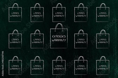 extended warranty shopping bag surrounded by limited warranty bags illustration