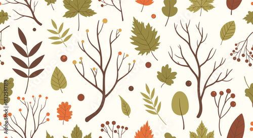 A charming seamless autumn pattern featuring colorful leaves, bare branches, and berries on a light background for seasonal textile design.