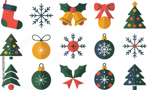 Christmas icons including stocking tree snowflake bell and bow